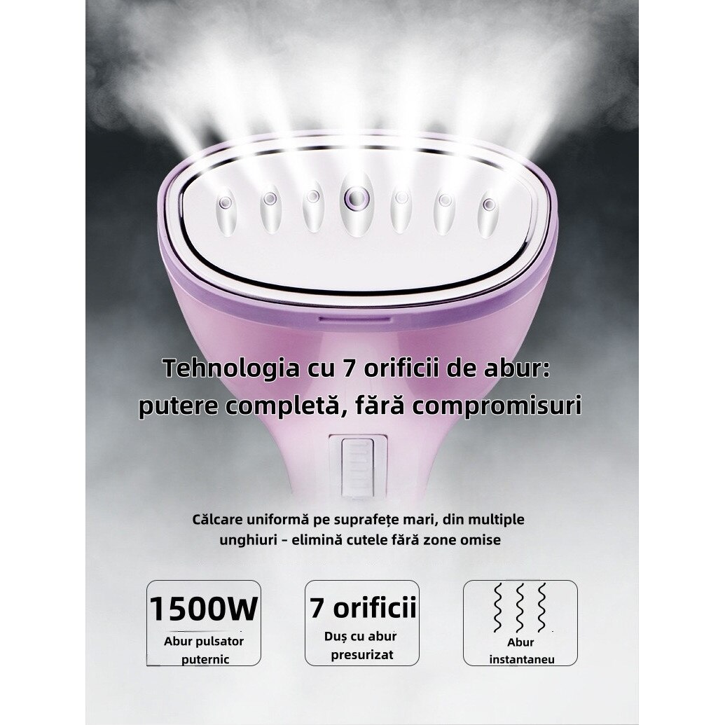 Fier de calcat cu abur portabil, 1500W, 350ml, set complet, roz, 28x13cm