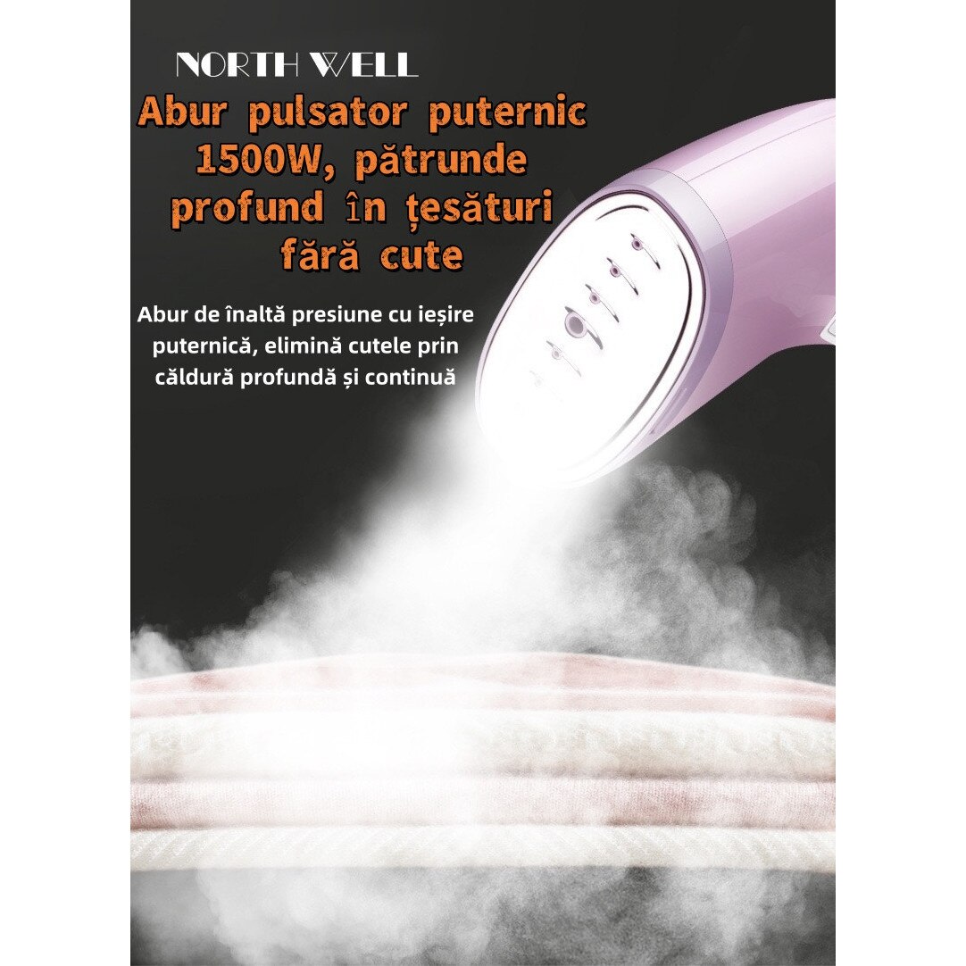 Fier de calcat cu abur portabil, 1500W, 350ml, set complet, roz, 28x13cm