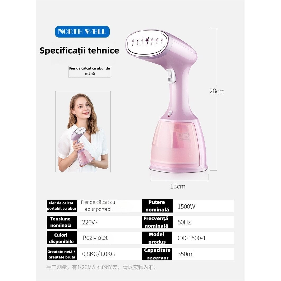 Fier de calcat cu abur portabil, 1500W, 350ml, set complet, roz, 28x13cm
