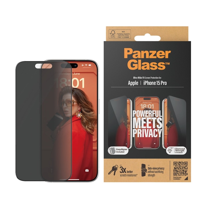 Folie de protectie Sticla PanzerGlass UWF Privacy pentru iPhone 15 Pro cu aplicator, Negru
