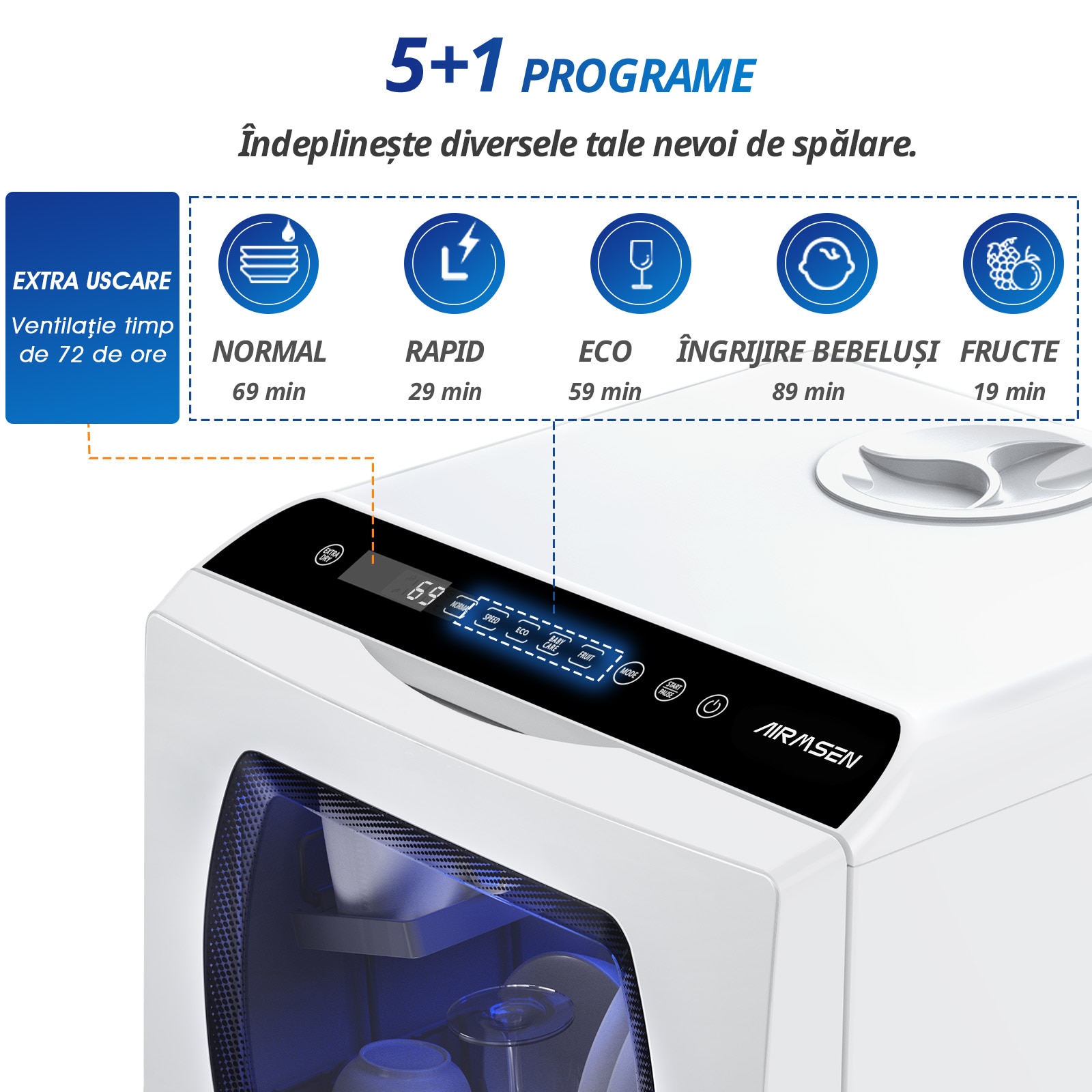 Masina de Spalat Vase Mini Compacta AIRMSEN – Portabila cu Rezervor de 5L, 6 Programe de Spalare, Uscare prin Aer & Ventilatie de 72 Ore, Perfecta pentru Bucatarii Mici, Alb