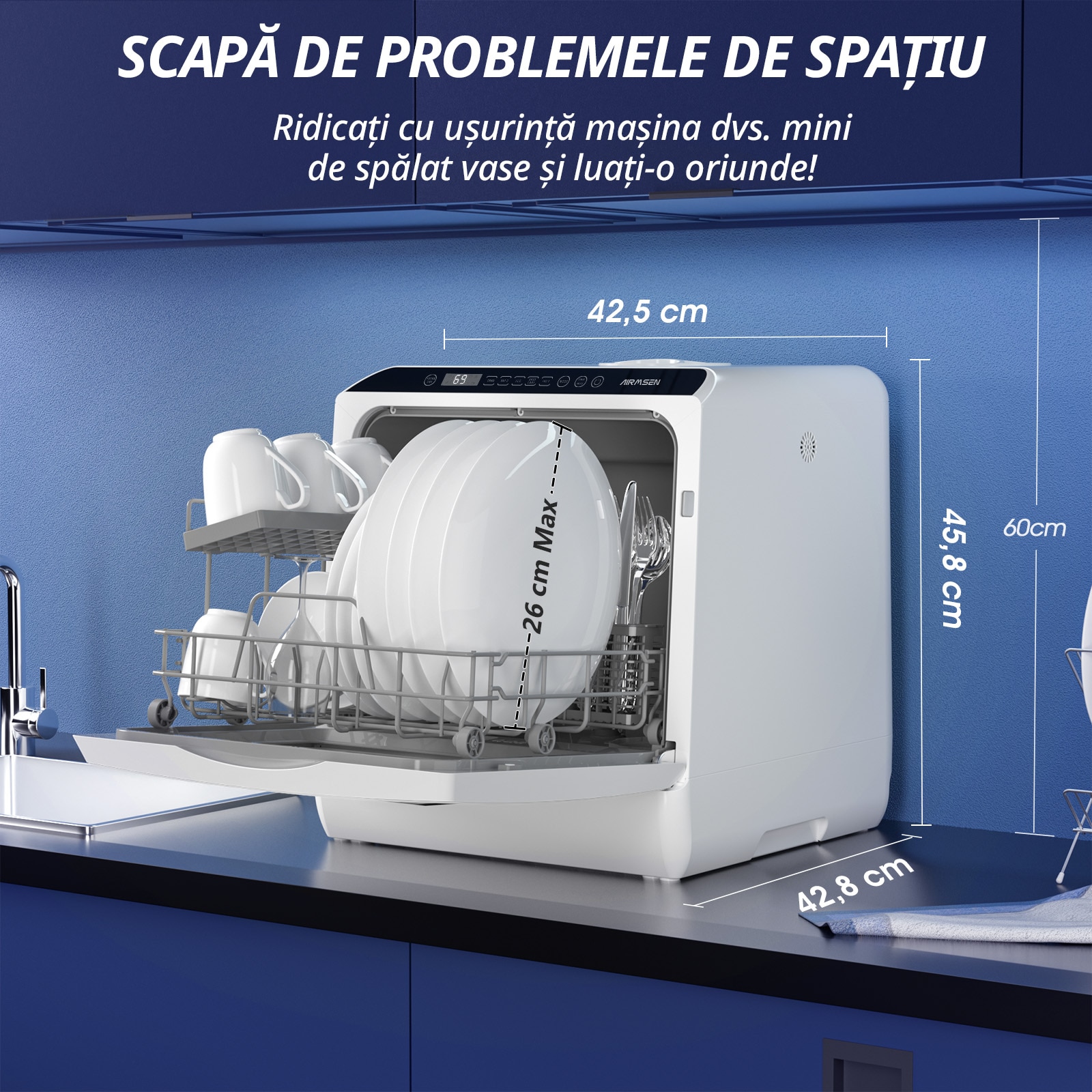 Masina de Spalat Vase Mini Compacta AIRMSEN – Portabila cu Rezervor de 5L, 6 Programe de Spalare, Uscare prin Aer & Ventilatie de 72 Ore, Perfecta pentru Bucatarii Mici, Alb