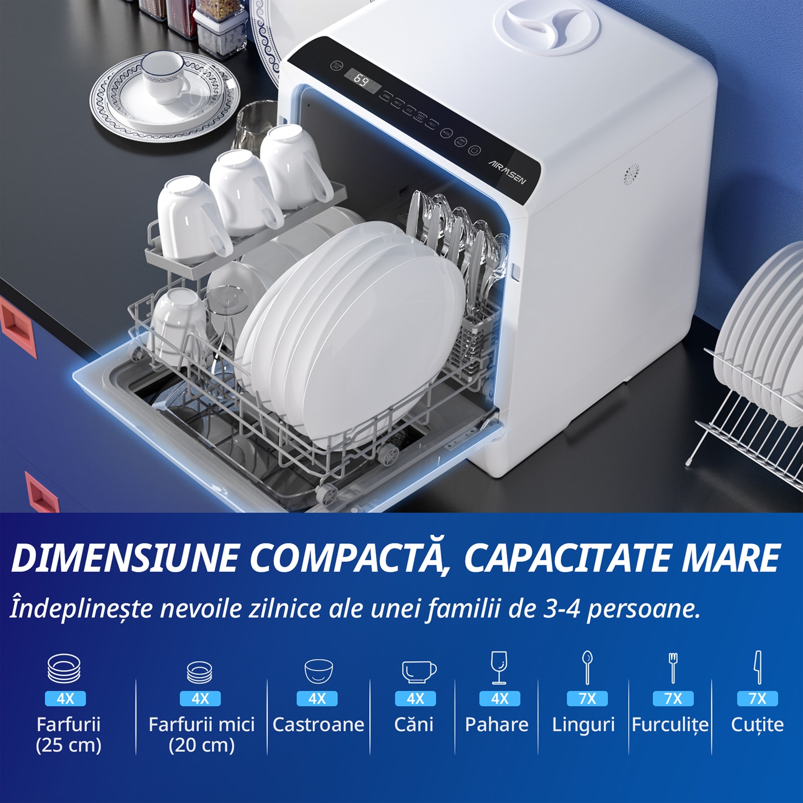 Masina de Spalat Vase Mini Compacta AIRMSEN – Portabila cu Rezervor de 5L, 6 Programe de Spalare, Uscare prin Aer & Ventilatie de 72 Ore, Perfecta pentru Bucatarii Mici, Alb