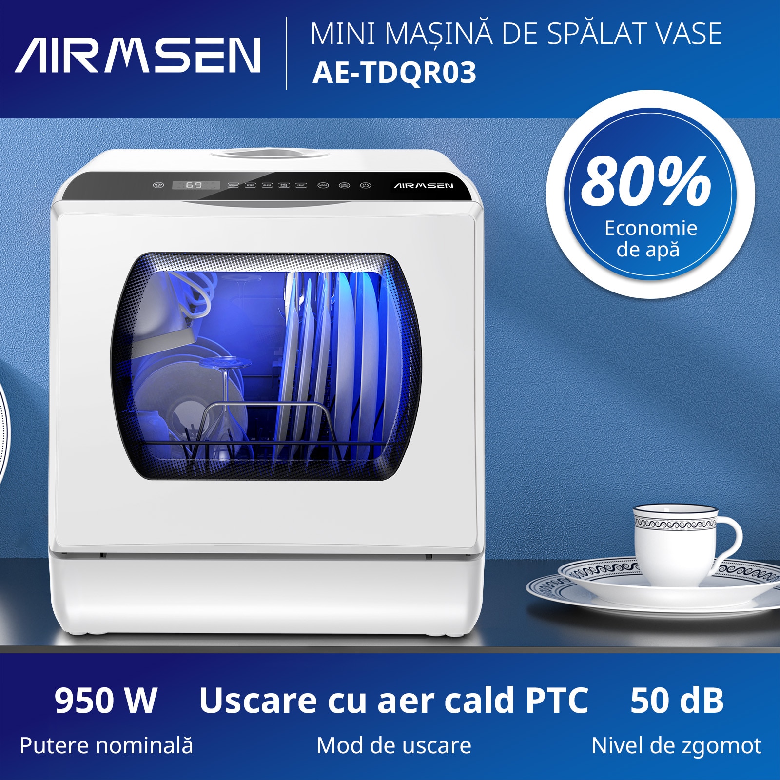 Masina de Spalat Vase Mini Compacta AIRMSEN – Portabila cu Rezervor de 5L, 6 Programe de Spalare, Uscare prin Aer & Ventilatie de 72 Ore, Perfecta pentru Bucatarii Mici, Alb