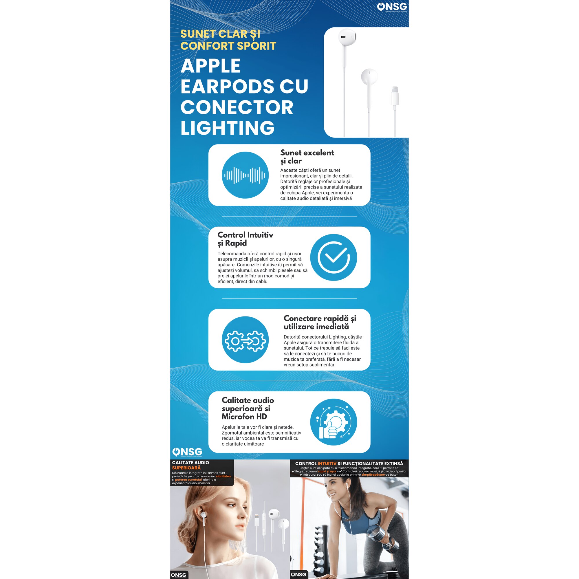 Casti Apple EarPods Conector Lightning, Microfon HD, Control Volum, Sunet Clar, Anulare Zgomot, Compatibil iPhone, iPad, Confort Sporit, Cablu Durabil, Experienta Audio Premium, by ONSG, Alb
