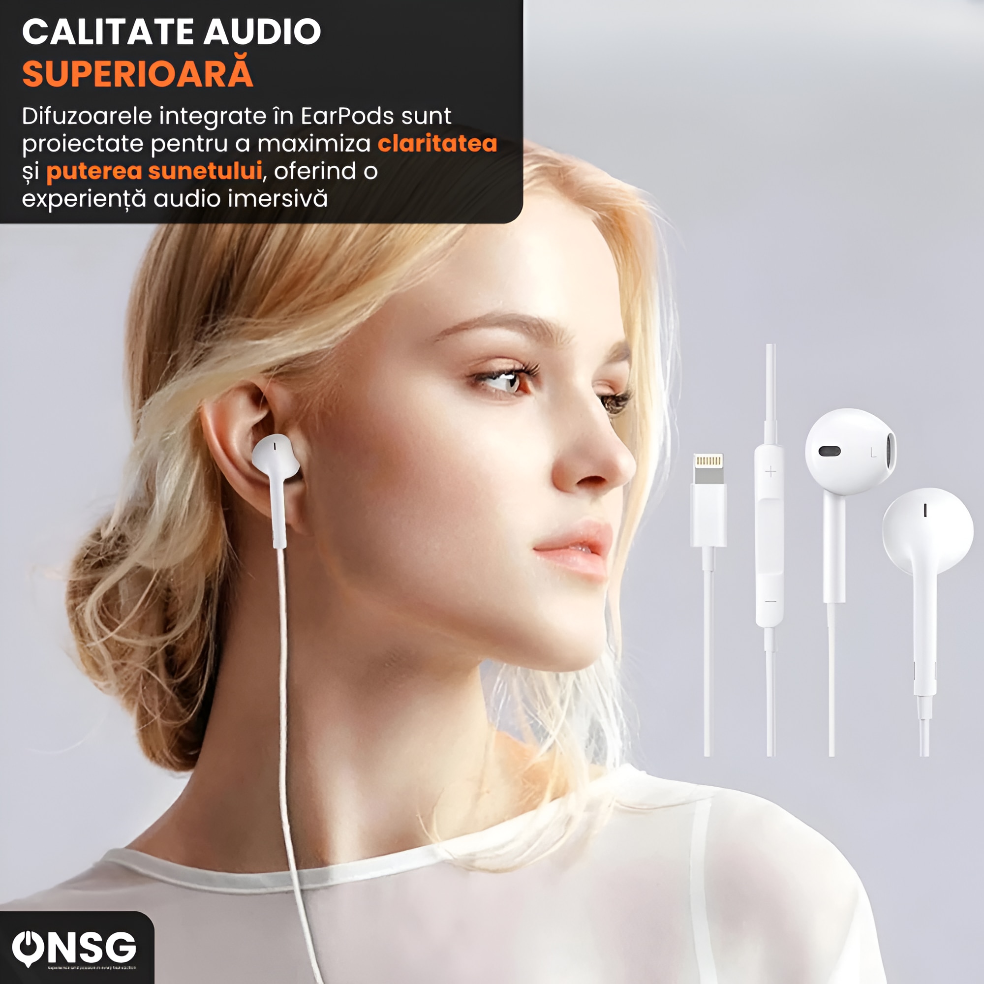 Casti Apple EarPods Conector Lightning, Microfon HD, Control Volum, Sunet Clar, Anulare Zgomot, Compatibil iPhone, iPad, Confort Sporit, Cablu Durabil, Experienta Audio Premium, by ONSG, Alb