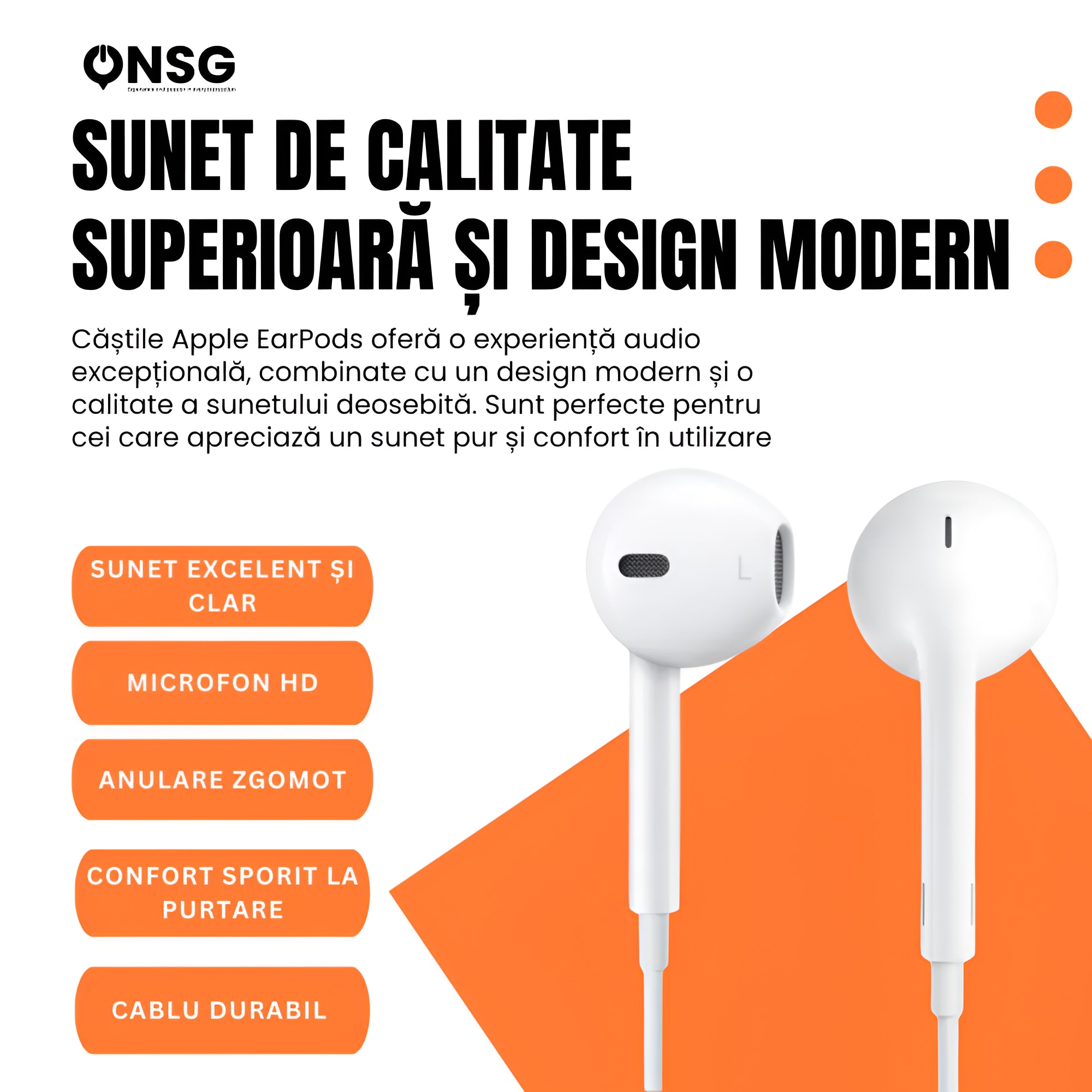 Casti Apple EarPods Conector Lightning, Microfon HD, Control Volum, Sunet Clar, Anulare Zgomot, Compatibil iPhone, iPad, Confort Sporit, Cablu Durabil, Experienta Audio Premium, by ONSG, Alb