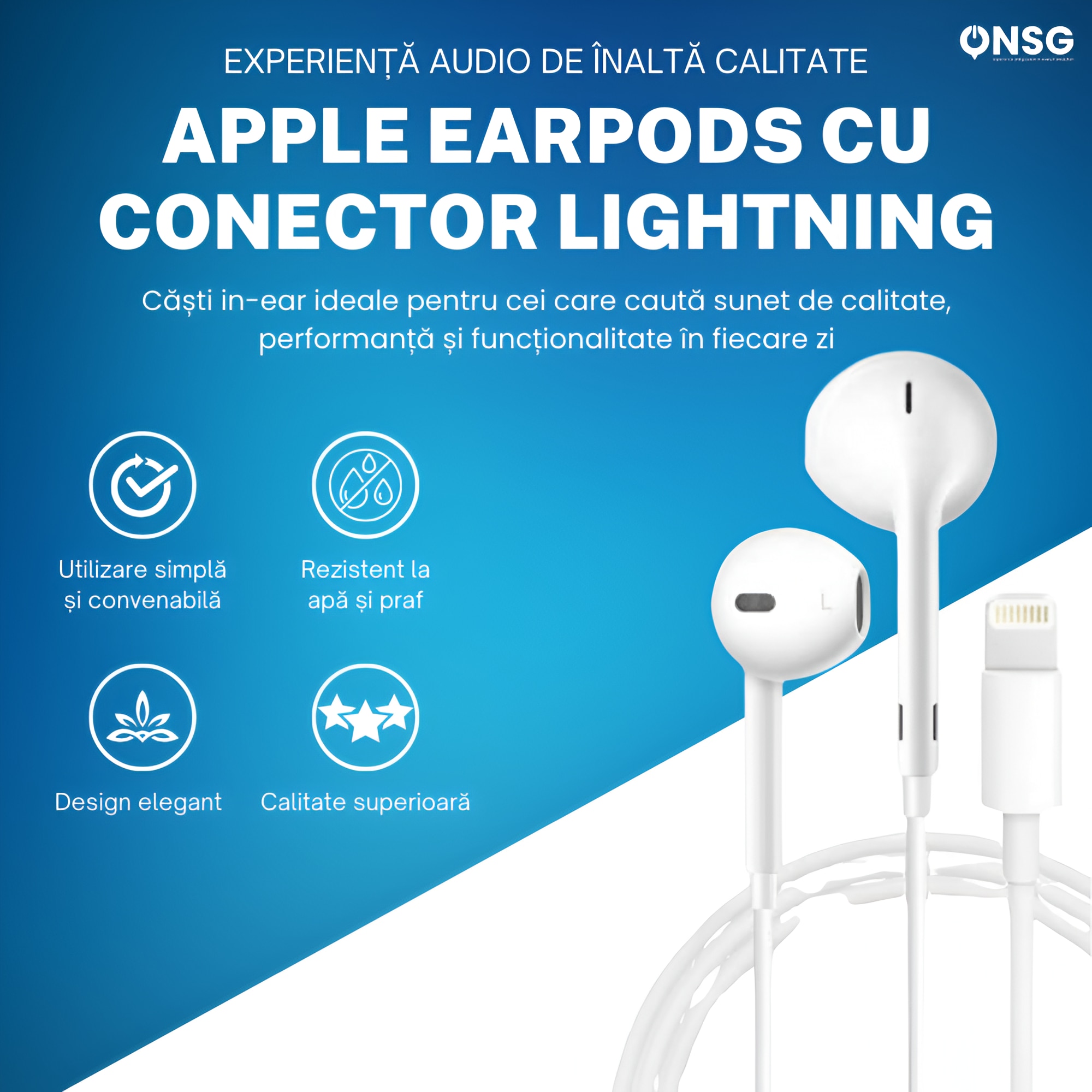 Casti Apple EarPods Conector Lightning, Microfon HD, Control Volum, Sunet Clar, Anulare Zgomot, Compatibil iPhone, iPad, Confort Sporit, Cablu Durabil, Experienta Audio Premium, by ONSG, Alb
