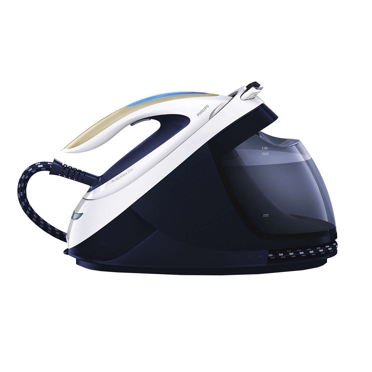 Statie de calcat cu boiler Philips PerfectCare Elite cu abur, cu talpa T-ionicGlide, OptimalTemp, 7.5 bari, Abur 155 g/min, jet de abur 520g, rezervor 1.8L, sistem de detartrare Easy De-Calc Plus, blocare de siguranta la transport, Oprire automata