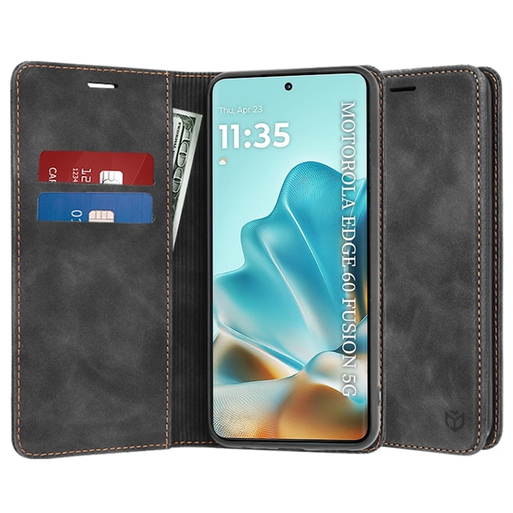 Husa pentru Motorola Edge 60 Fusion, SKYDDAR INNOVATION, Soft Wallet, tip Carte din piele Eco Premium, cu Portofel Interior, Negru, set cu sticker