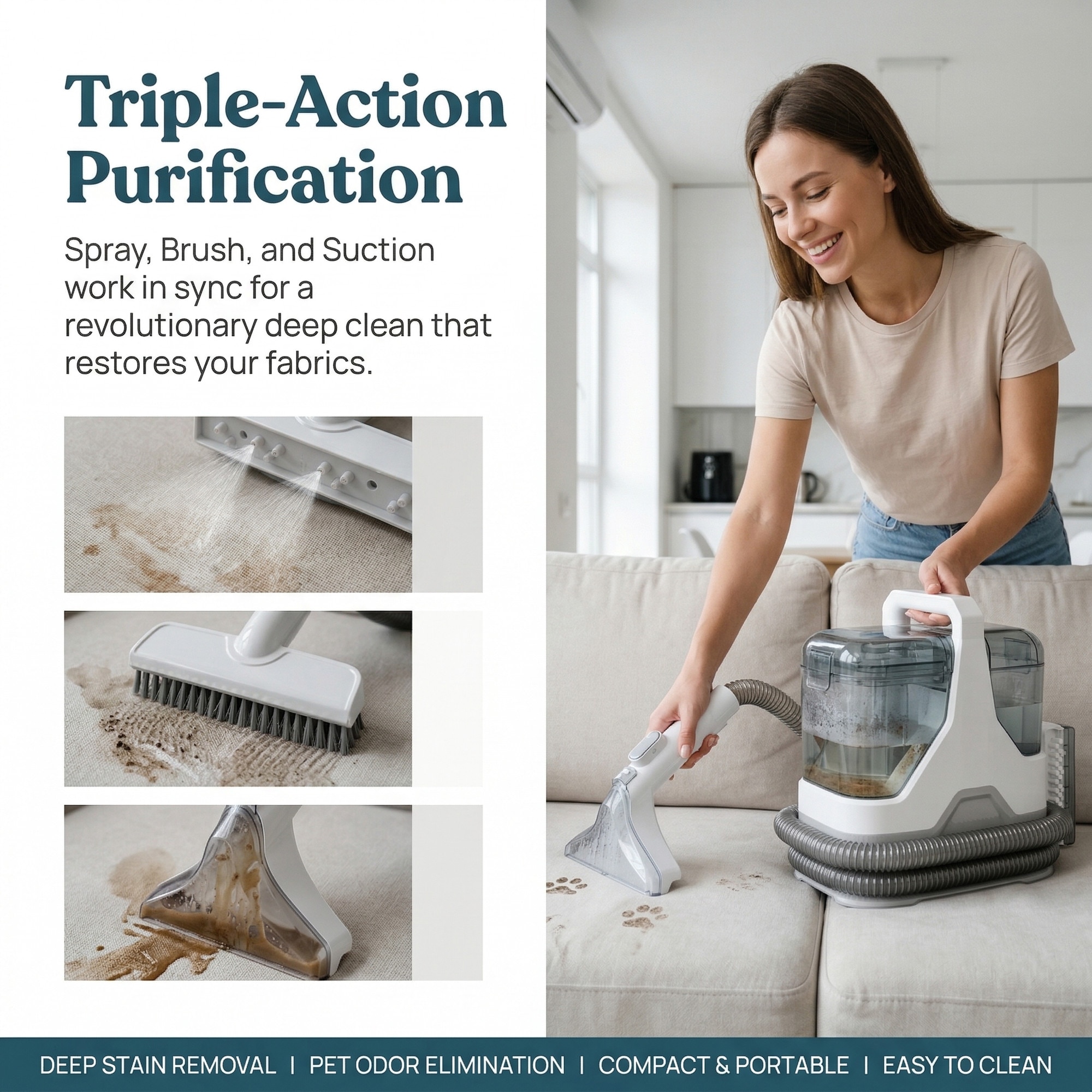 Aspirator cu spalare Lttsoyh®, 600W,1.3l colectare,15KPa aspiratie uragan, uscare rapida, sistem dual-tank, actiune tripla (spray + perie + aspiratie), 3 capete, sigur pentru toate tesaturile, ideal auto & casa, compact