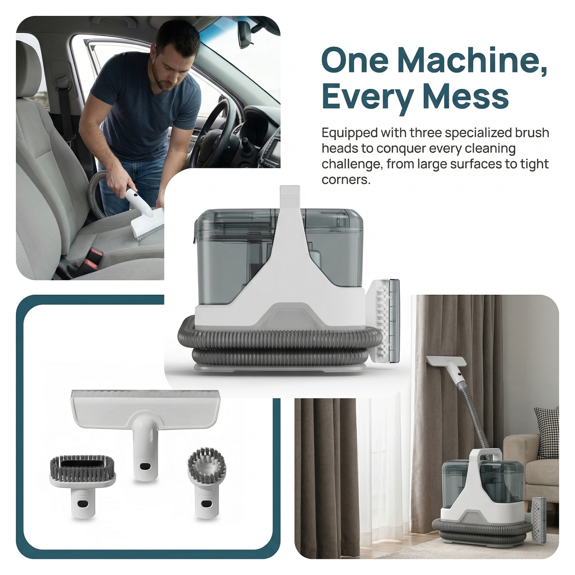Aspirator cu spalare Lttsoyh®, 600W,1.3l colectare,15KPa aspiratie uragan, uscare rapida, sistem dual-tank, actiune tripla (spray + perie + aspiratie), 3 capete, sigur pentru toate tesaturile, ideal auto & casa, compact
