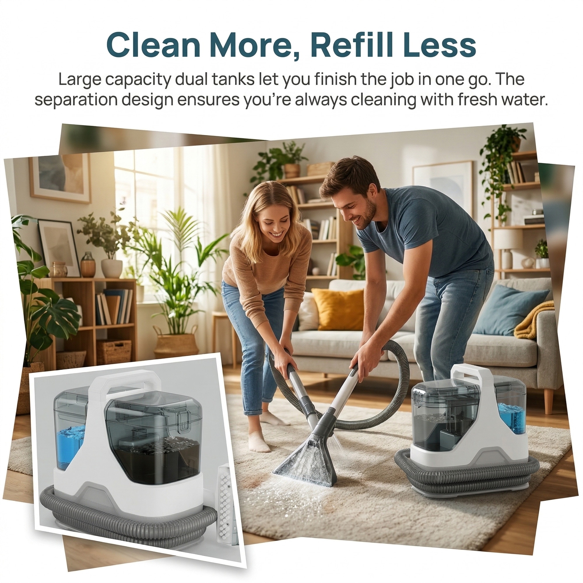 Aspirator cu spalare Lttsoyh®, 600W,1.3l colectare,15KPa aspiratie uragan, uscare rapida, sistem dual-tank, actiune tripla (spray + perie + aspiratie), 3 capete, sigur pentru toate tesaturile, ideal auto & casa, compact