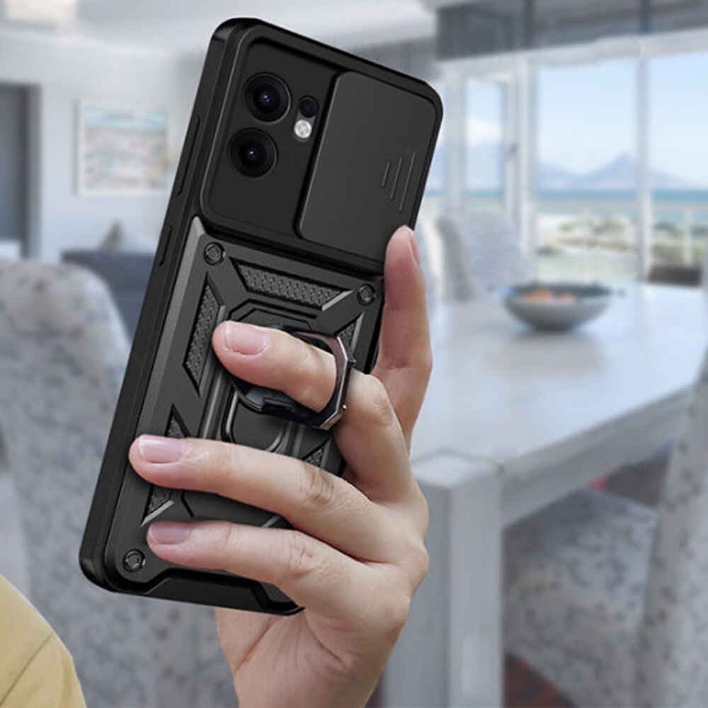 Husa pentru Oppo Reno 13F 13FS 4G 5G Ring Armor Kickstand Tough Rugged Cover cu protectie camera Negru