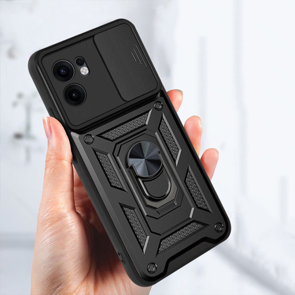 Husa pentru Oppo Reno 13F 13FS 4G 5G Ring Armor Kickstand Tough Rugged Cover cu protectie camera Negru