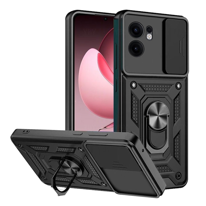 Husa pentru Oppo Reno 13F 13FS 4G 5G Ring Armor Kickstand Tough Rugged Cover cu protectie camera Negru