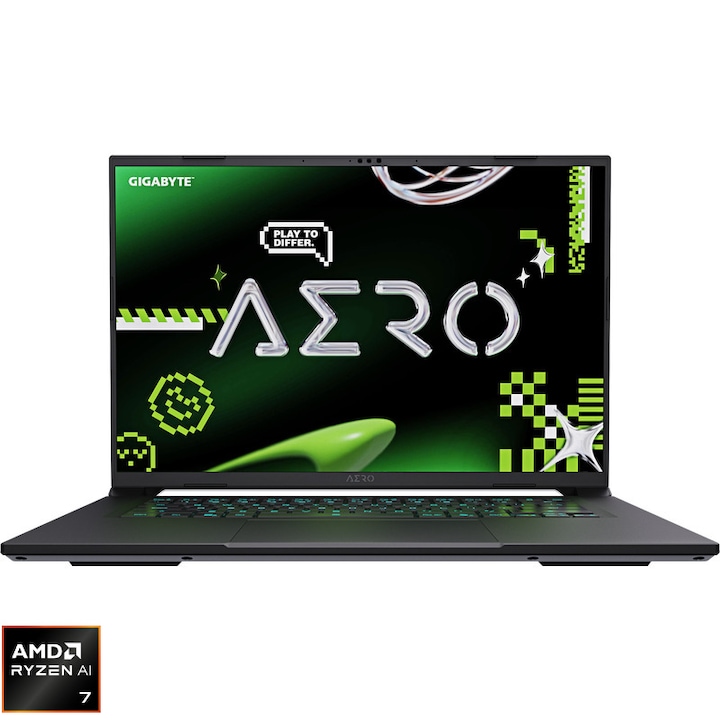 Laptop Gaming GIGABYTE AERO X16 1VH cu procesor AMD Ryzen™ AI7 350 pana la 5.0GHz, 16" WQXGA, 165Hz, 16GB DDR5 RAM, 1TB SSD, NVIDIA GeForce RTX 5060 8GB DDR7, Windows 11 Home, Lunar White