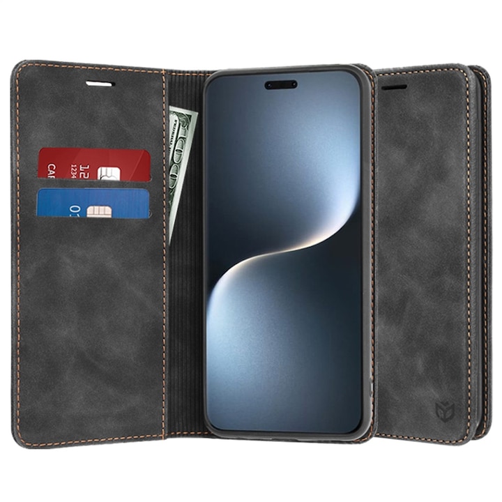 Husa pentru Honor Magic7 Pro, SKYDDAR INNOVATION, Soft Wallet, tip Carte din piele Eco Premium, cu Portofel Interior, Negru, set cu sticker
