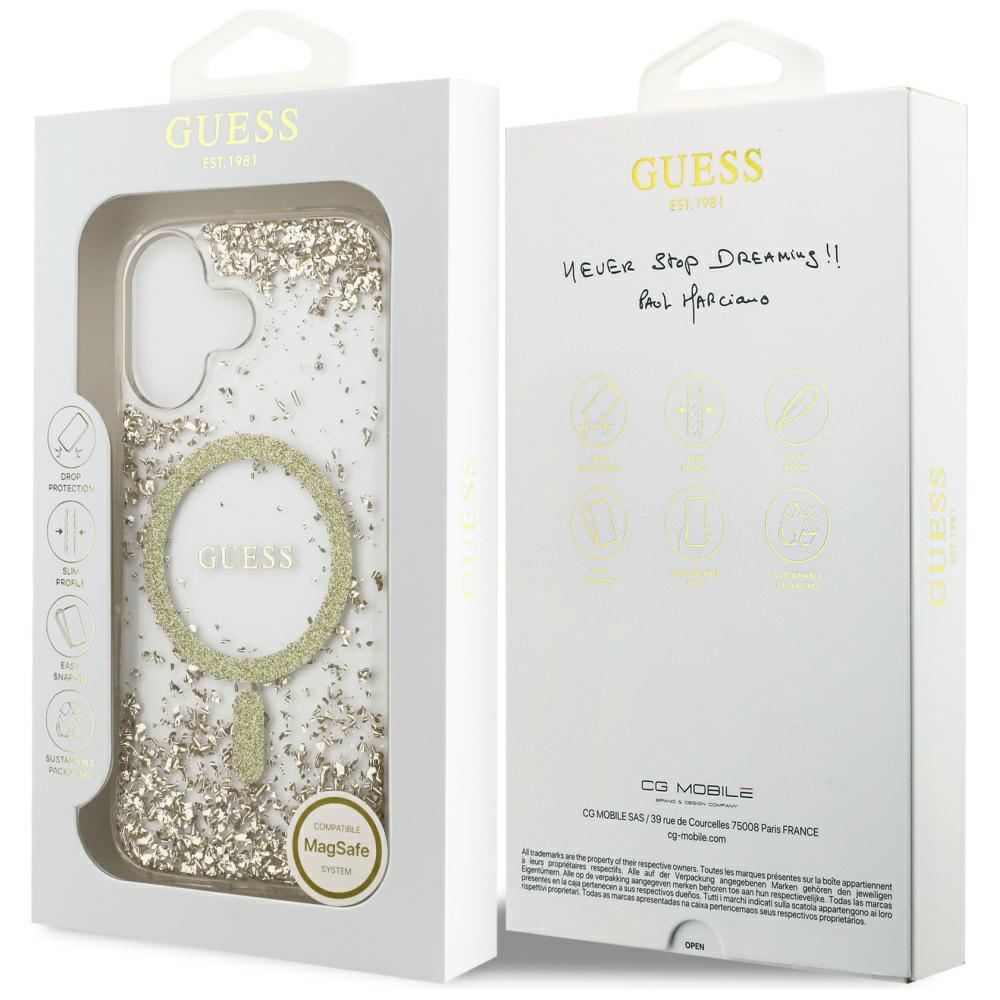 Husa protectie Guess Resin Bottom Glitter MagSafe, aurie, pentru iPhone 17