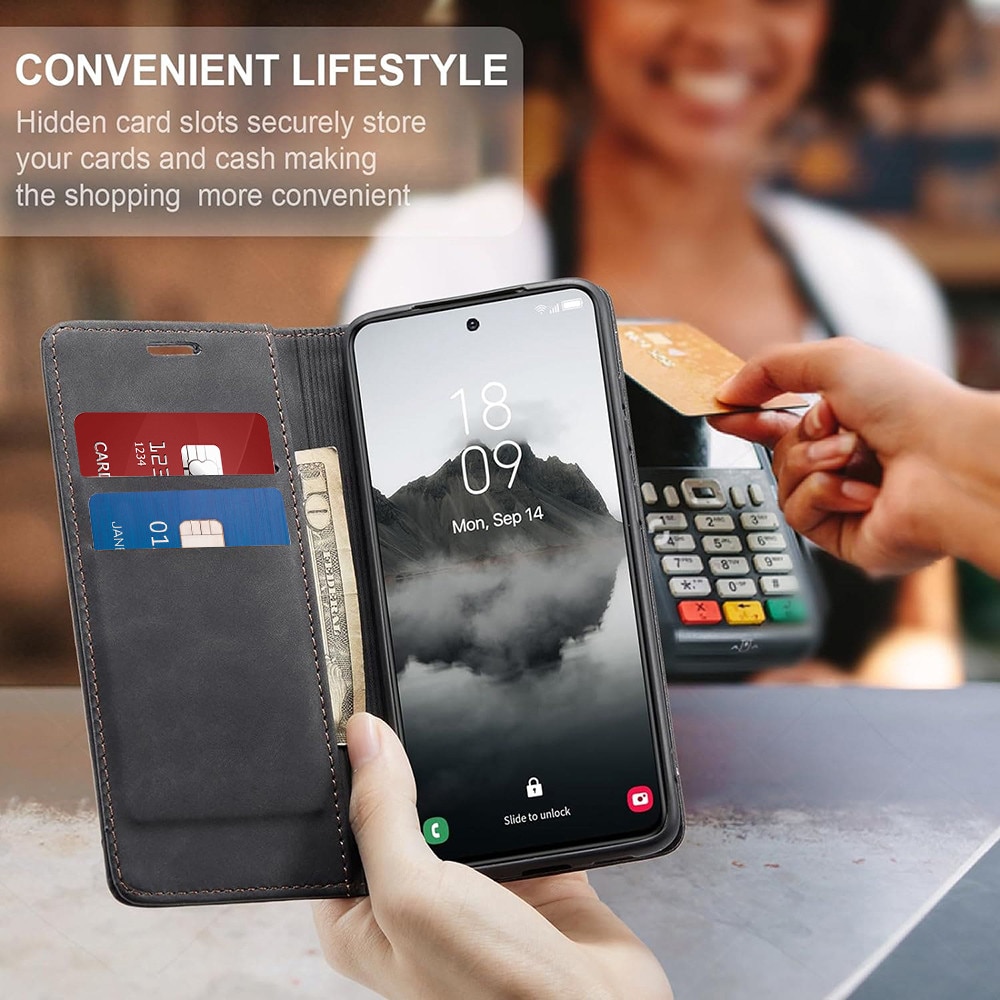 Husa pentru Xiaomi Redmi Note 14 4G (164, 84 x 78, 15 x 8, 16mm), SKYDDAR INNOVATION, Soft Wallet, tip Carte, din piele Eco Premium cu Portofel Interior, Negru, set cu sticker