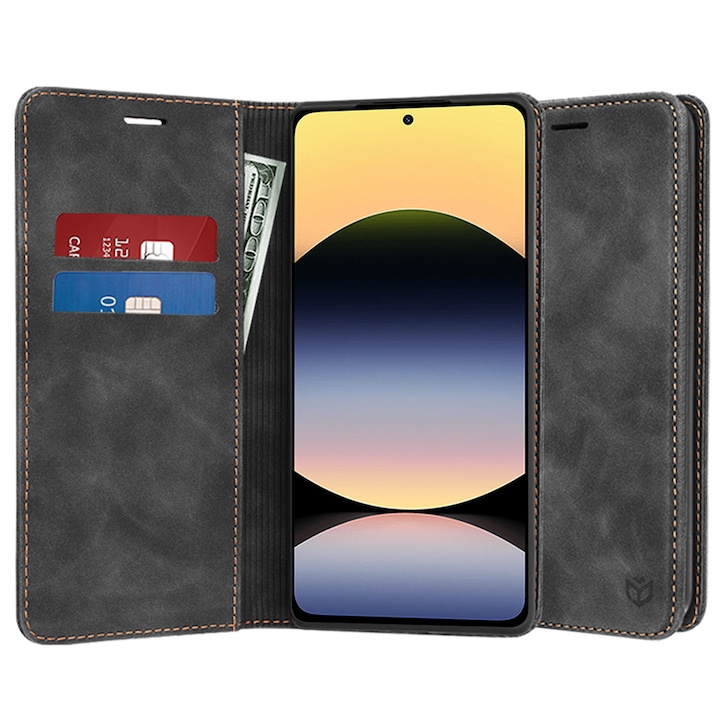 Husa pentru Xiaomi Redmi Note 14 4G (164, 84 x 78, 15 x 8, 16mm), SKYDDAR INNOVATION, Soft Wallet, tip Carte, din piele Eco Premium cu Portofel Interior, Negru, set cu sticker