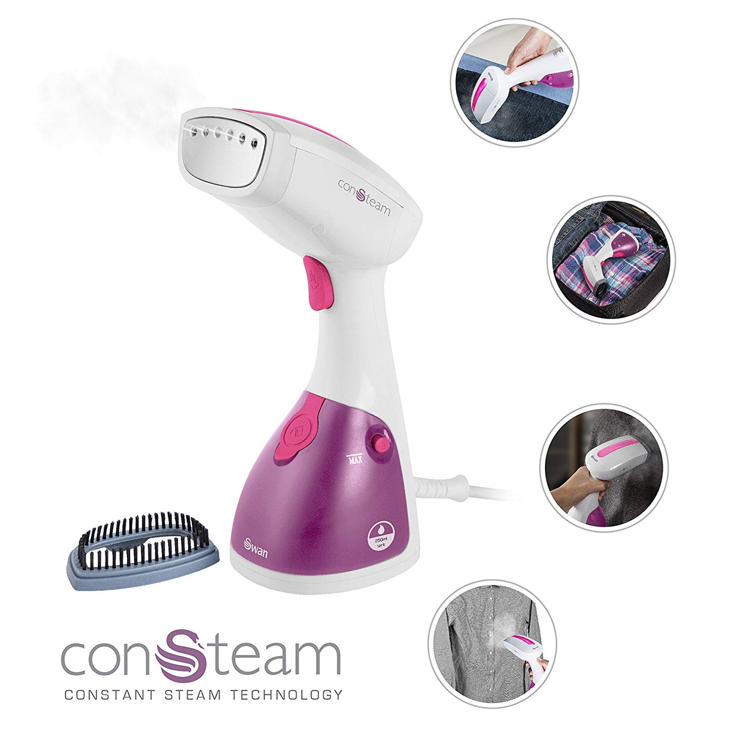Steamer de mana pentru calcat Swan SI12020N, Capacitate 250ml, Putere 1100W, Calcare Verticala/Orizontala