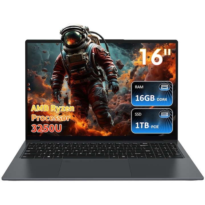 Auusda Laptop 16" Win 11 AMD Ryzen™ 3 3250U, 16Go RAM 1To SSD Pana la 3, 5 GHz, Rotire 180°, WiFi BT4.2, AMD RAdeon™ Graphics, FHD bun si mini port multimedia, Gri