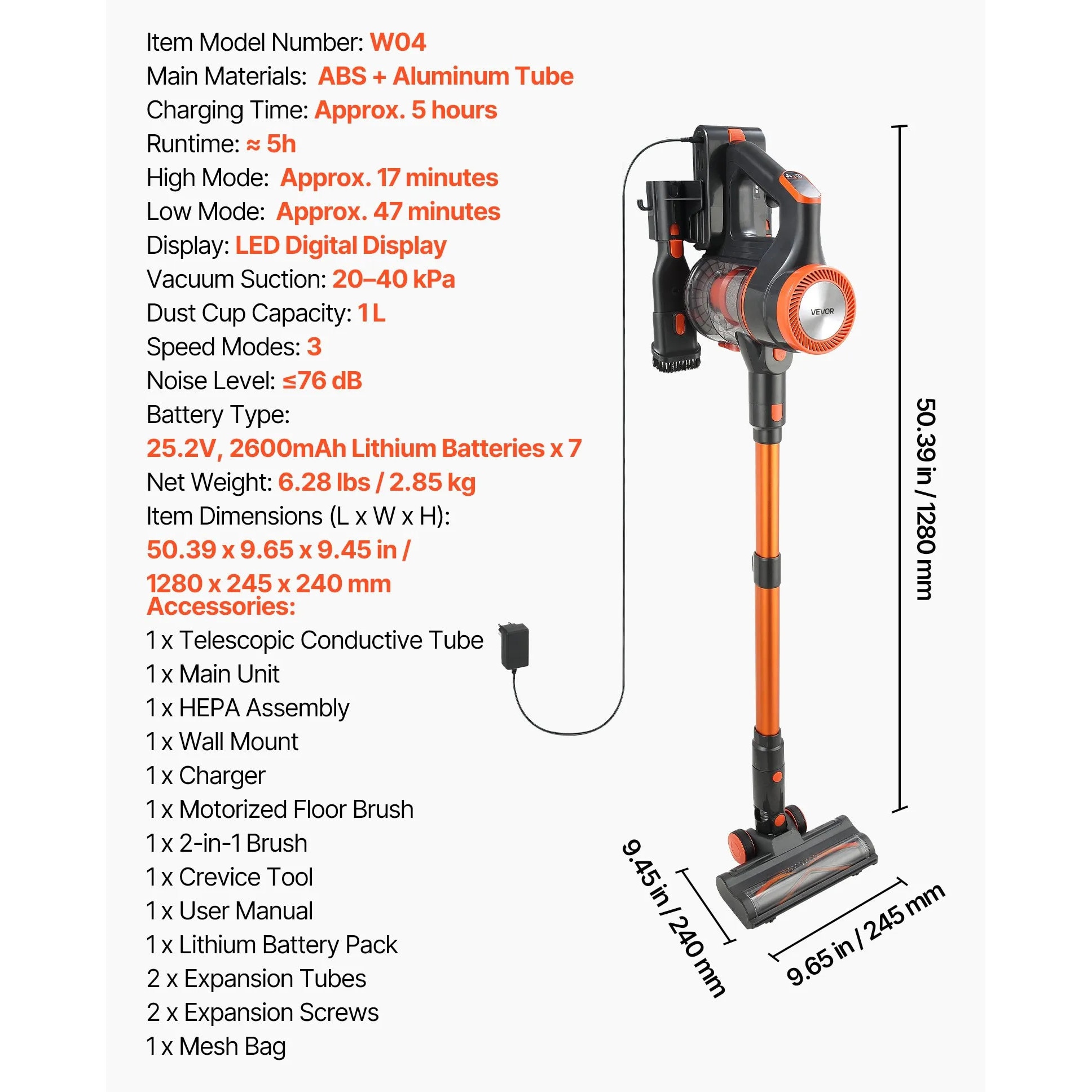Aspirator vertical VEVOR, aspiratie maxima 40KPA, aspirator reincarcabil anti-incurcare cu ecran LED, aspirator de mana usor cu autonomie de 47 de minute pentru casa, covoare, par de animale, podele dure