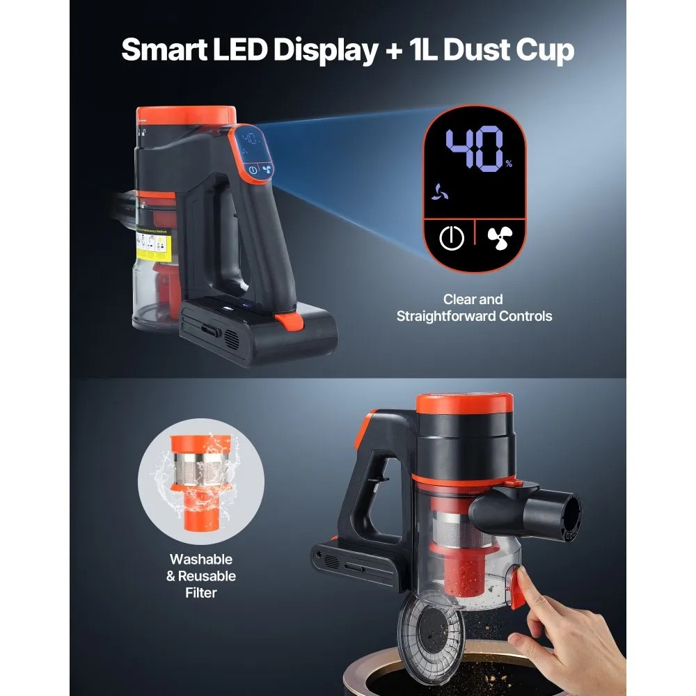 Aspirator vertical VEVOR, aspiratie maxima 40KPA, aspirator reincarcabil anti-incurcare cu ecran LED, aspirator de mana usor cu autonomie de 47 de minute pentru casa, covoare, par de animale, podele dure