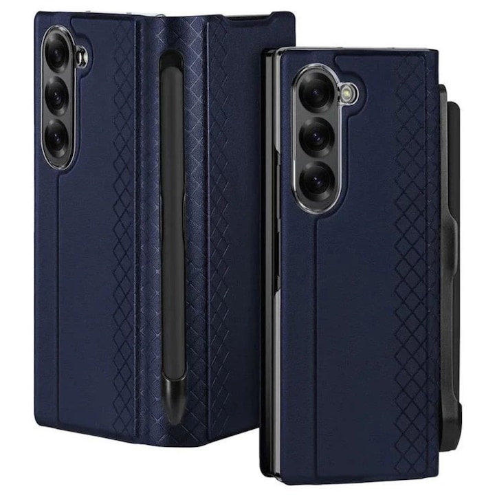 Husa telefon DuxDucis Bril Leather+ PEN compatibila cu Samsung Galaxy Z Fold 6, Albastru Inchis