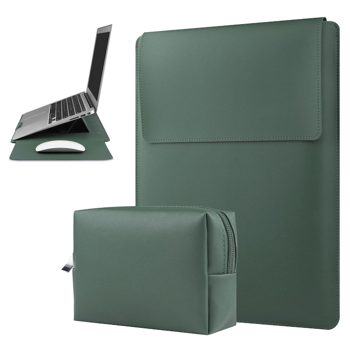 Husa Laptop 15-16 inch, 4 in 1 cu foldable stand, oein®, compatibila cu MacBook Air, MacBook Pro, Piele Ecologica, Marime Universala, 28 x 38 cm, Verde