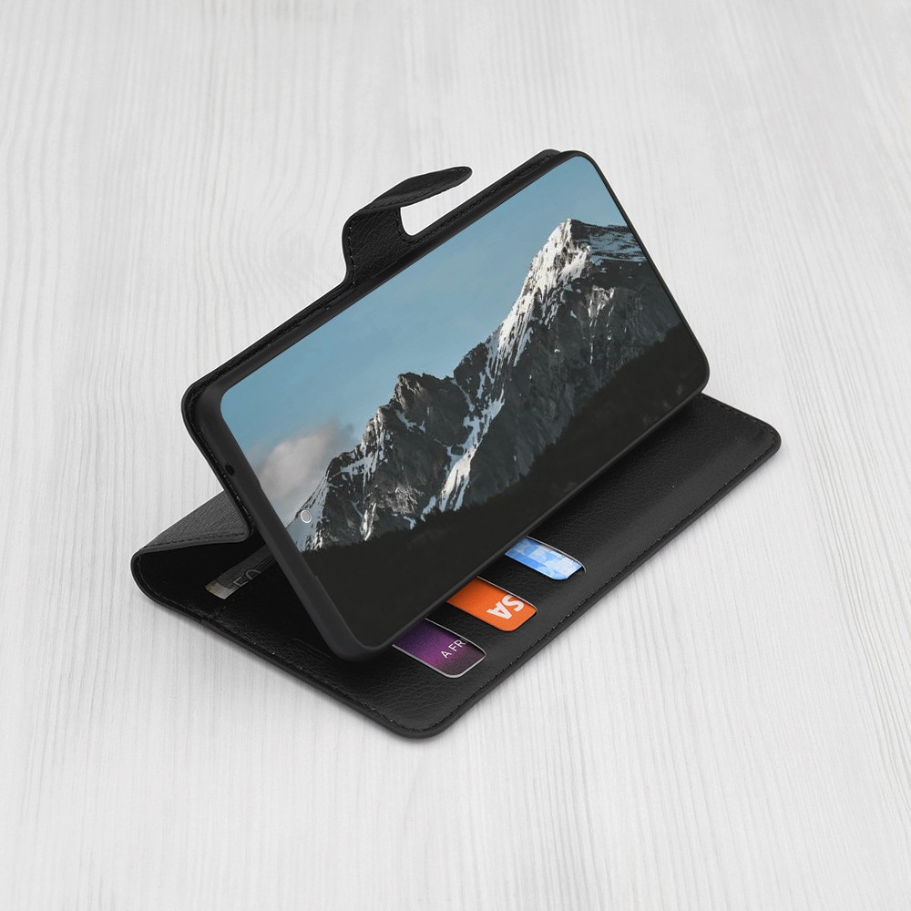 Husa pentru Honor X5c Plus, SKYDDAR INNOVATION, Leather Folio tip Carte, cu Portofel Interior, Finisaje Premium, set cu sticker, Negru