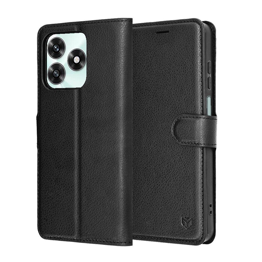 Husa pentru Honor X5c Plus, SKYDDAR INNOVATION, Leather Folio tip Carte, cu Portofel Interior, Finisaje Premium, set cu sticker, Negru