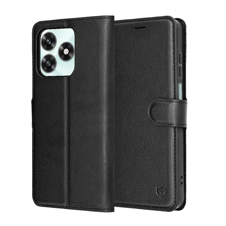 Husa pentru Honor X5c Plus, SKYDDAR INNOVATION, Leather Folio tip Carte, cu Portofel Interior, Finisaje Premium, set cu sticker, Negru