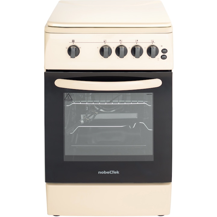 Aragaz Nobeltek NLT 5603B/G1, 50x60, plita si cuptor pe gaz, grill gaz, rotisor, aprindere electrica, iluminare cuptor, siguranta plita si cuptor, echipat cu diuze GN, diuze GPL de schimb, capac tabla, bej
