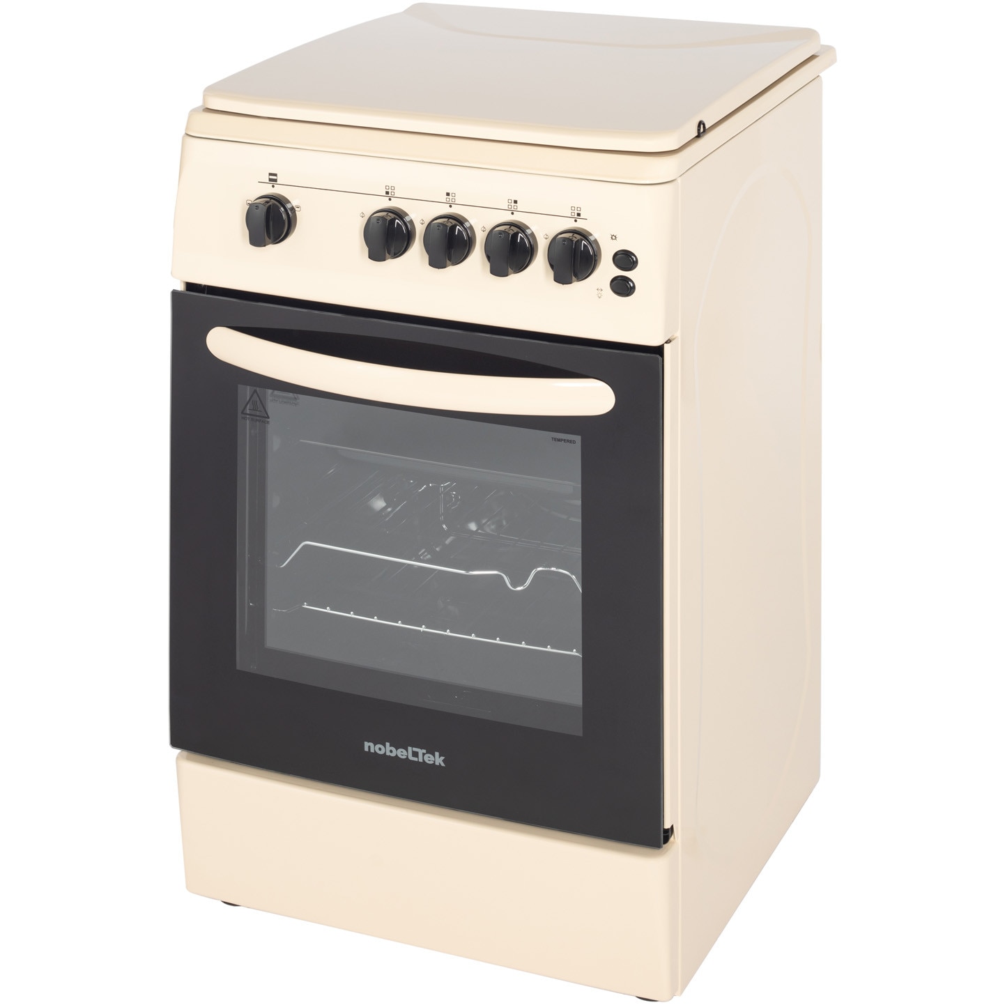 Aragaz Nobeltek NLT 5603B/G1, 50x60, plita si cuptor pe gaz, grill gaz, rotisor, aprindere electrica, iluminare cuptor, siguranta plita si cuptor, echipat cu diuze GN, diuze GPL de schimb, capac tabla, bej