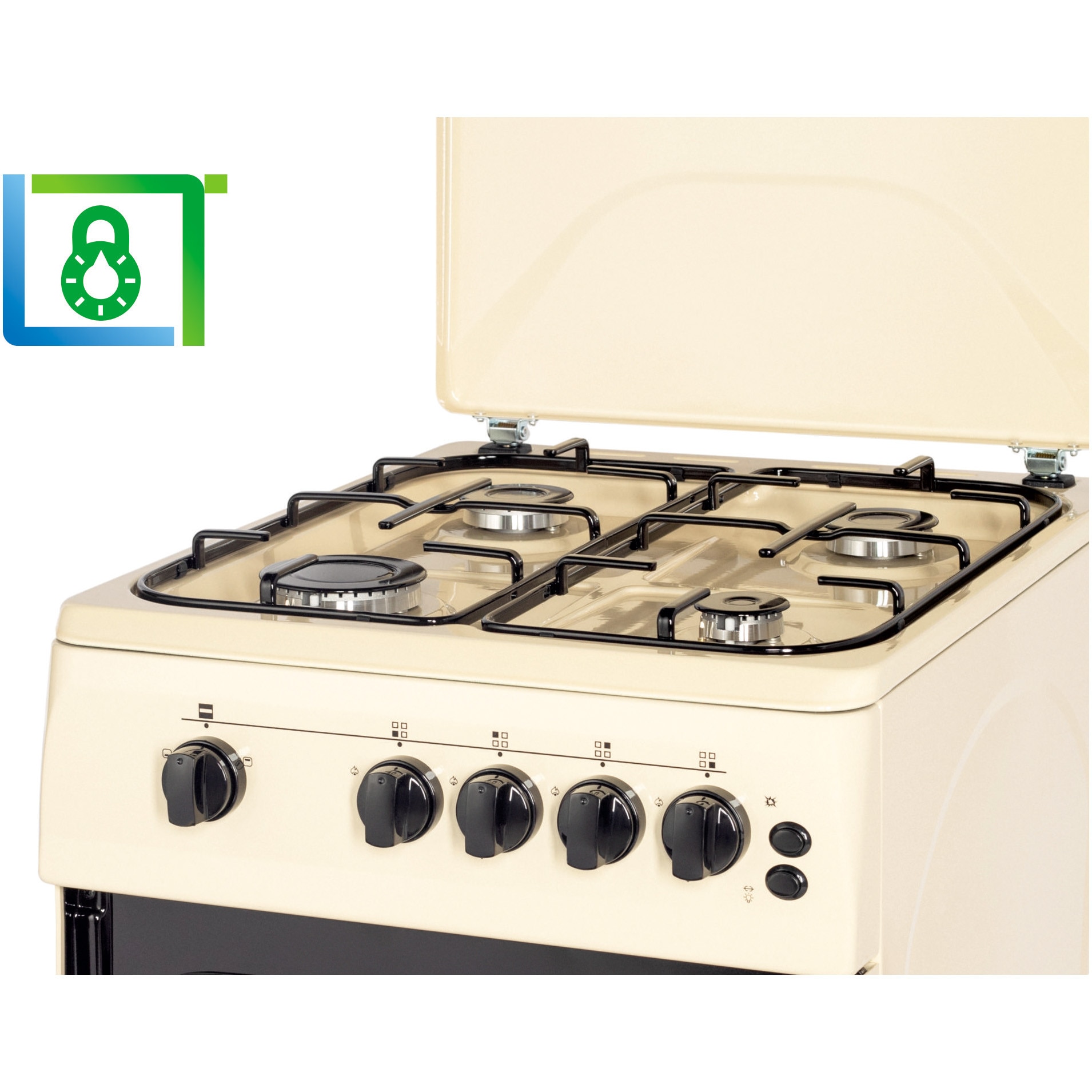 Aragaz Nobeltek NLT 5603B/G1, 50x60, plita si cuptor pe gaz, grill gaz, rotisor, aprindere electrica, iluminare cuptor, siguranta plita si cuptor, echipat cu diuze GN, diuze GPL de schimb, capac tabla, bej