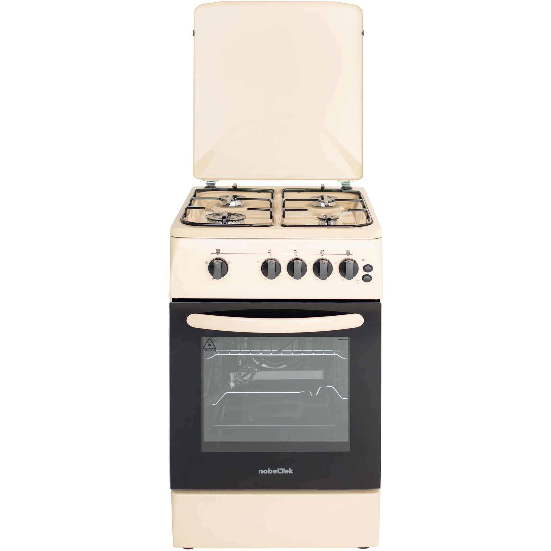 Aragaz Nobeltek NLT 5603B/G1, 50x60, plita si cuptor pe gaz, grill gaz, rotisor, aprindere electrica, iluminare cuptor, siguranta plita si cuptor, echipat cu diuze GN, diuze GPL de schimb, capac tabla, bej