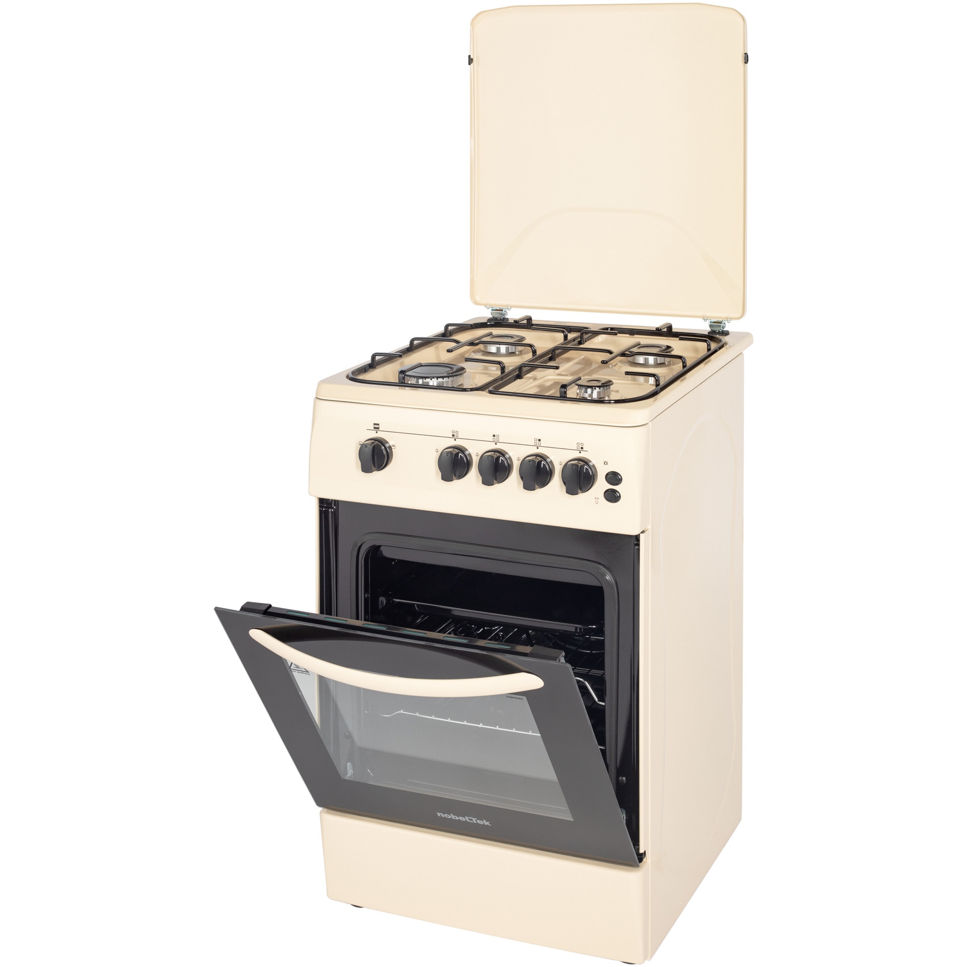 Aragaz Nobeltek NLT 5603B/G1, 50x60, plita si cuptor pe gaz, grill gaz, rotisor, aprindere electrica, iluminare cuptor, siguranta plita si cuptor, echipat cu diuze GN, diuze GPL de schimb, capac tabla, bej