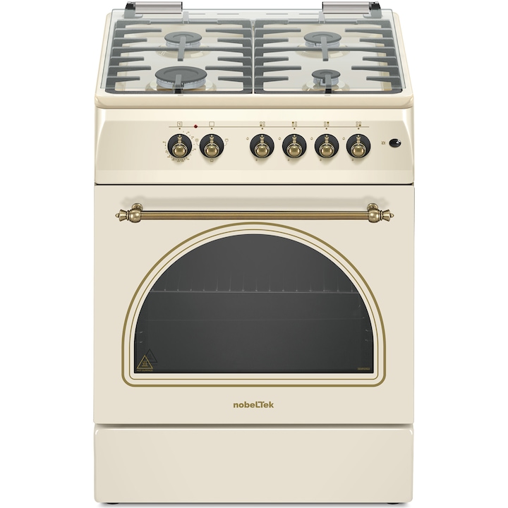 Aragaz rustic Nobeltek NLT 6604RB/FE1, 60x60, plita gaz, cuptor electric, aprindere electrica, iluminare cuptor, gratare fonta, echipat cu diuze GPL, diuze GN de schimb, bej