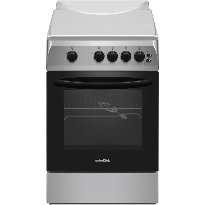 Aragaz Nobeltek NLT 5603IX/G1, 50x60, plita si cuptor pe gaz, grill gaz, rotisor, aprindere electrica plita, iluminare cuptor, siguranta plita si cuptor, echipat cu diuze GN, diuze GPL de schimb, front si plita inox, laterale silver