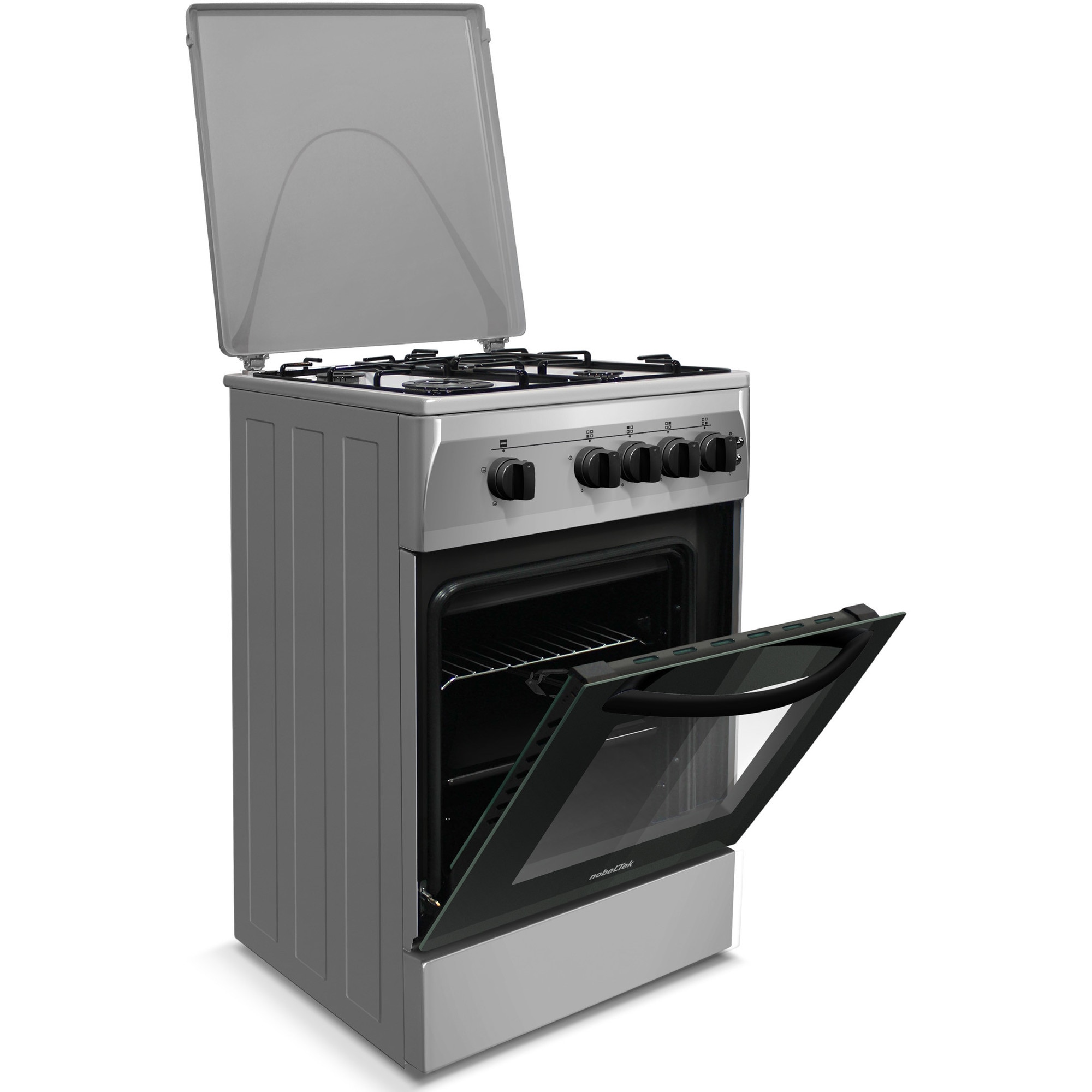 Aragaz Nobeltek NLT 5603IX/G1, 50x60, plita si cuptor pe gaz, grill gaz, rotisor, aprindere electrica plita, iluminare cuptor, siguranta plita si cuptor, echipat cu diuze GN, diuze GPL de schimb, front si plita inox, laterale silver
