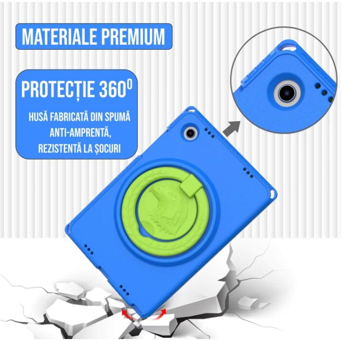 Husa protectie tableta fata/spate pentru copii, ZYNORO®, compatibila cu Samsung Galaxy TAB A9 x 8.7" SM-X110/X115N(2023), cu suport-inel, protectie ecran, spuma, albastru