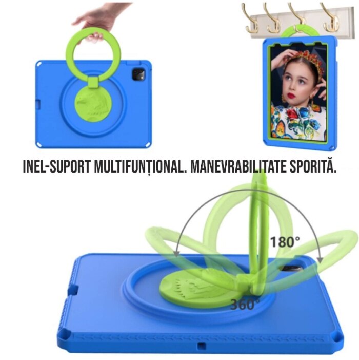 Husa protectie tableta fata/spate pentru copii, ZYNORO®, compatibila cu Samsung Galaxy TAB A9 x 8.7" SM-X110/X115N(2023), cu suport-inel, protectie ecran, spuma, albastru