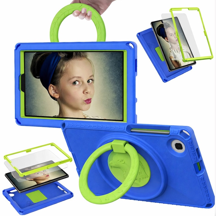 Husa protectie tableta fata/spate pentru copii, ZYNORO®, compatibila cu Samsung Galaxy TAB A9 x 8.7" SM-X110/X115N(2023), cu suport-inel, protectie ecran, spuma, albastru