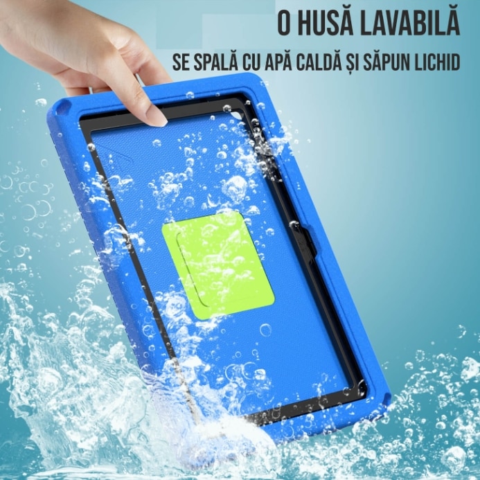 Husa protectie tableta fata/spate pentru copii, ZYNORO®, compatibila cu Samsung Galaxy TAB A9 x 8.7" SM-X110/X115N(2023), cu suport-inel, protectie ecran, spuma, albastru
