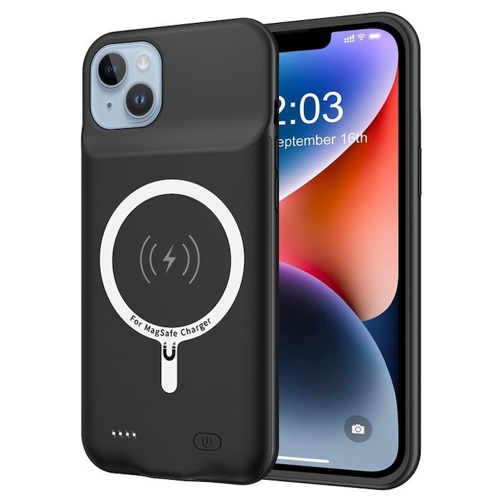 Husa cu baterie pentru iPhone 14 Plus, XGSM, 8500mAh, MagSafe, plastic/TPU, Negru