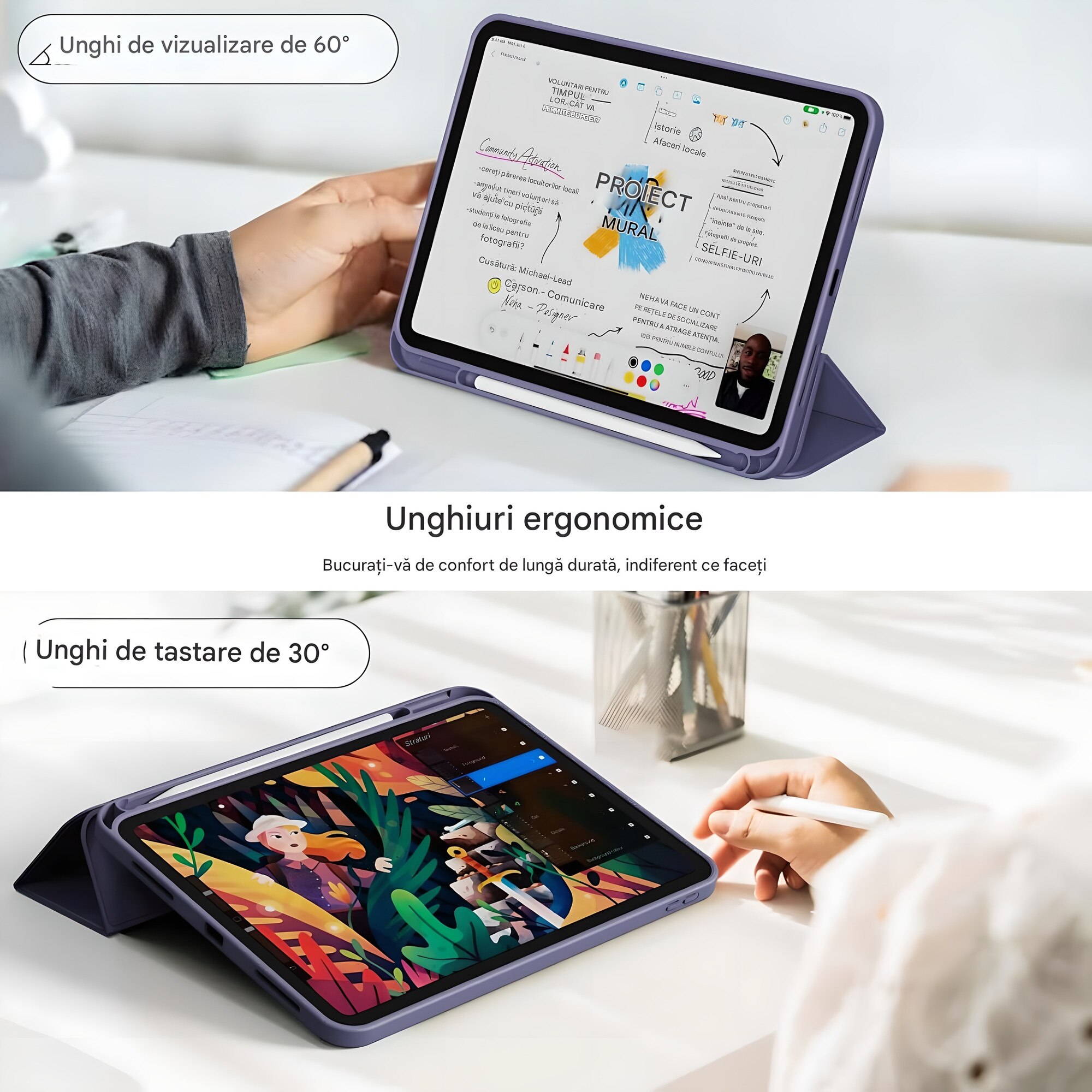 Husa de protectie pentru iPad (A16) 11 generatie de 11 inch 2025, husa pentru iPad 10 generatie de 10, 9 inch 2022, cu suport pentru stilou, husa inteligenta cu suport pliabil in trei, TPU，Violet deschis