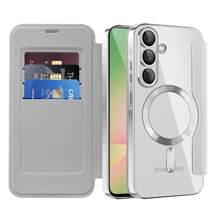 Husă tip carte pentru Samsung Galaxy A56 5G, gri, din piele ecologică și TPU, protecție RFID, design elegant