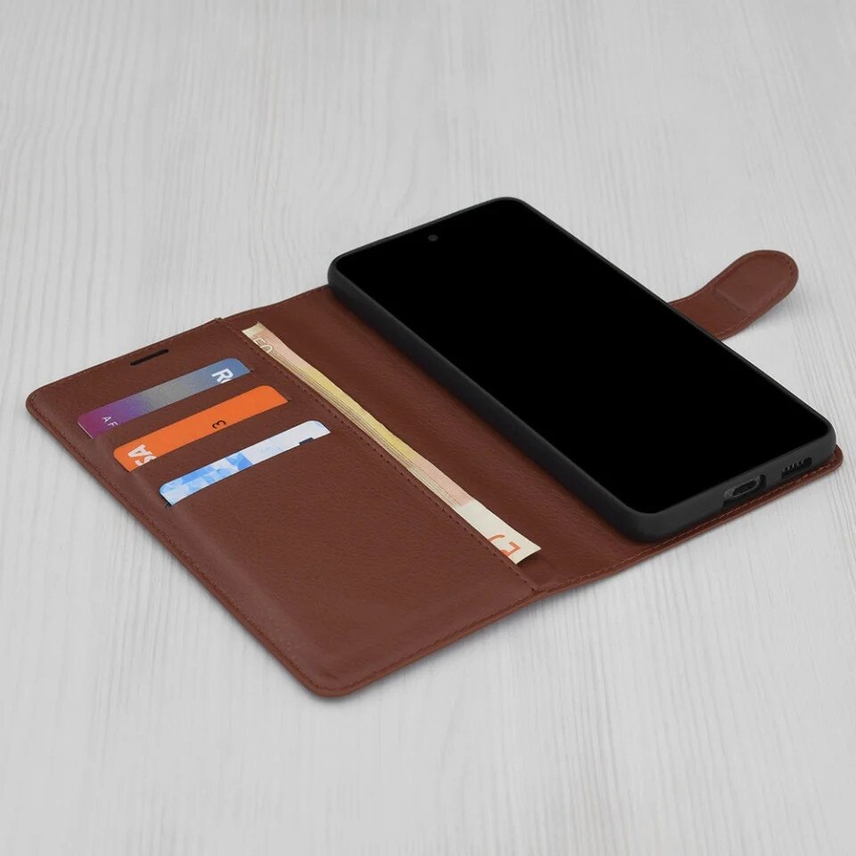 Husa pentru Motorola Moto G15 / Moto G15 Power, SKYDDAR INNOVATION, Leather Folio tip Carte, cu Portofel Interior, Finisaje Premium, set cu sticker, Maro